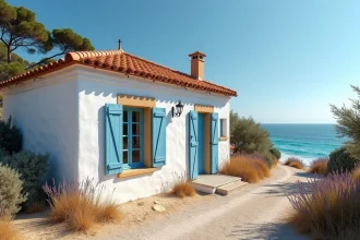 Maison de plain-pied deux chambres à louer en bord de mer avec volets bleus et jardin côtier