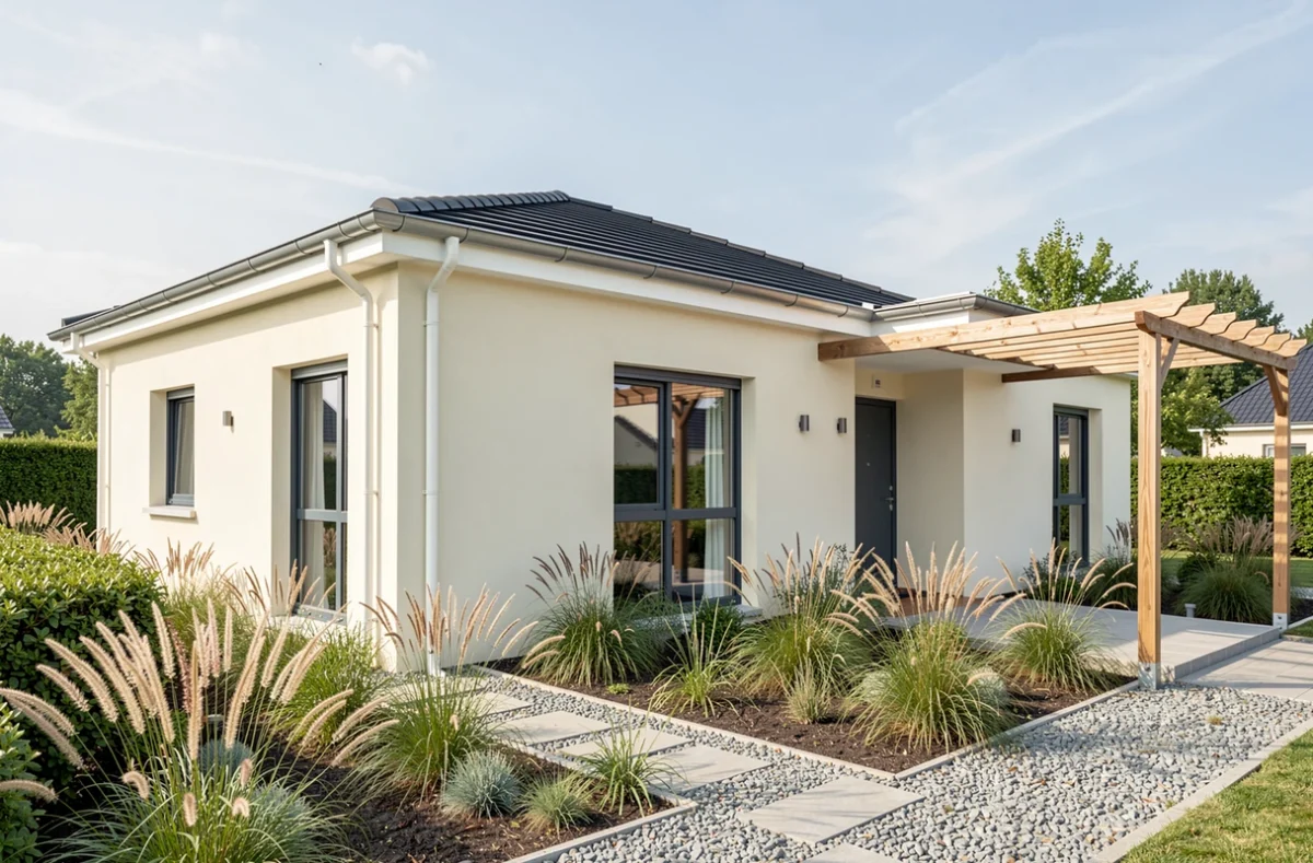 Maison plain-pied Maisons Alysia en Vendée, facade crème avec menuiseries anthracite et pergola bois à l'entrée