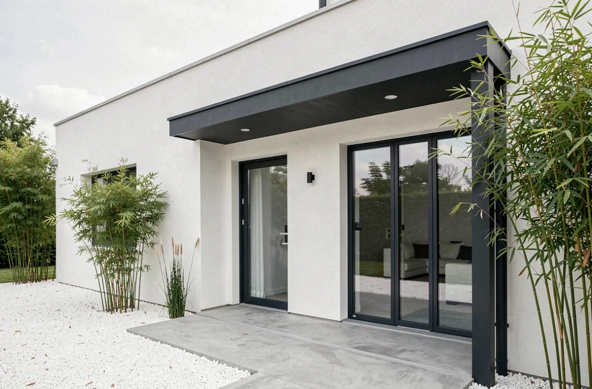 Maison de conception Maisons Concept en Vendée, facade blanche épurée avec auvent anthracite et vitrages fixes contemporains