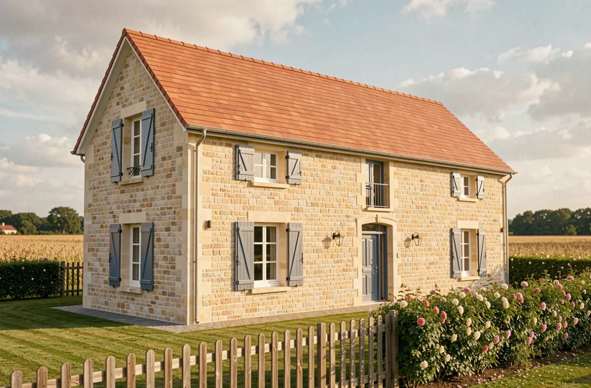 Maison deux étages Maisons Privat en Vendée, facade effet pierre avec volets bleu-gris et toiture traditionnelle en tuiles