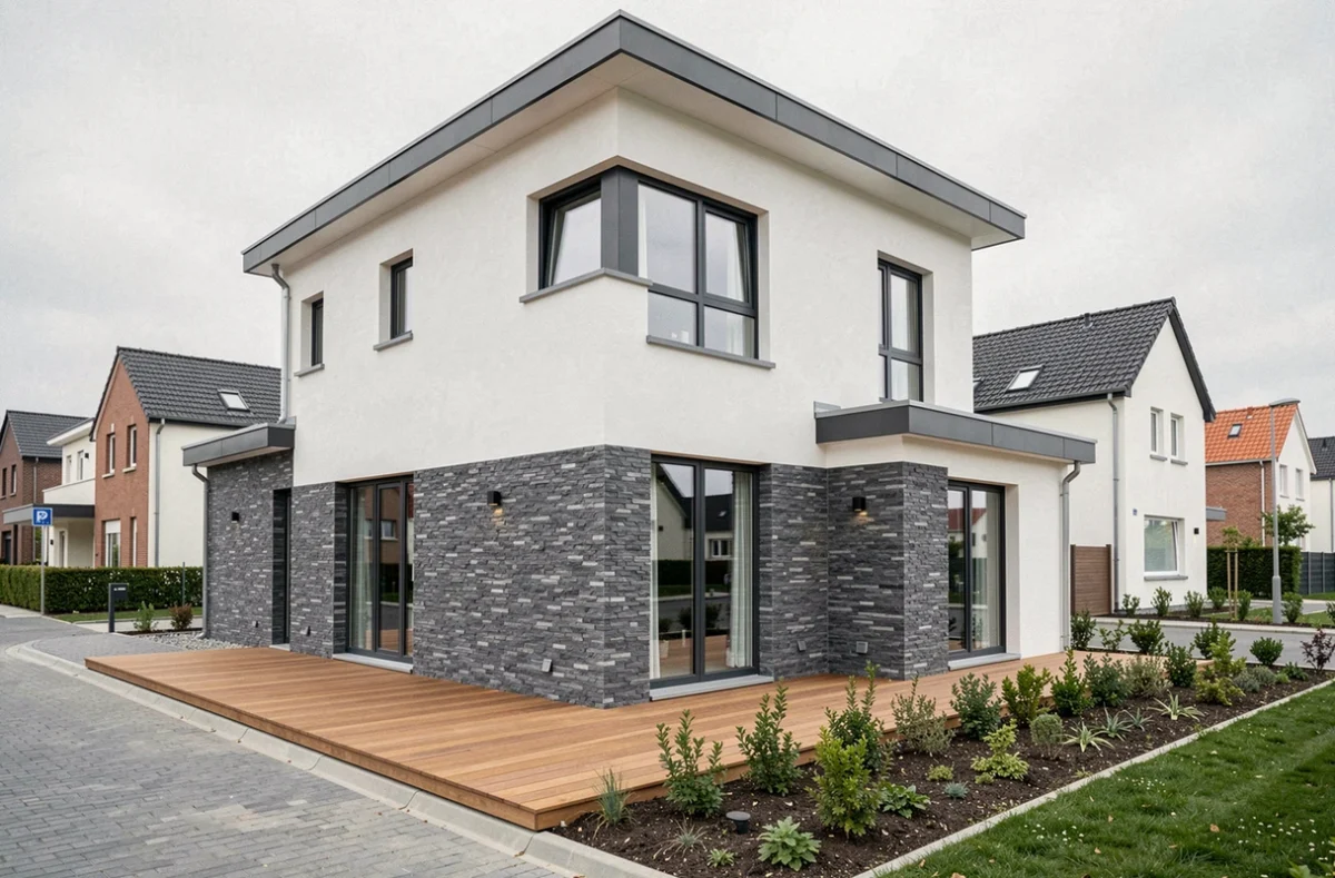 Maison contemporaine Maisons SOCOREVE en Vendée, facade bicolore avec enduit blanc et bardage pierre grise, terrasse bois