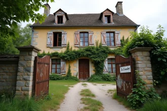 Façade d'un vieux manoir français à vendre avec murs en pierre abîmés, volets décrépits et portail rouillé en campagne