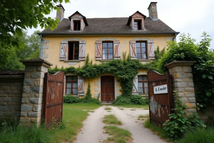 Façade d'un vieux manoir français à vendre avec murs en pierre abîmés, volets décrépits et portail rouillé en campagne
