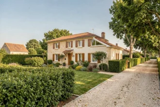 Maison individuelle neuve en Vendée avec jardin verdoyant, facade en enduit clair et toiture en tuiles, représentant les meilleurs constructeurs de la région