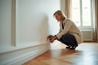 Femme mesurant la surface d'un appartement avec un télémètre laser pour calculer la surface loi Carrez