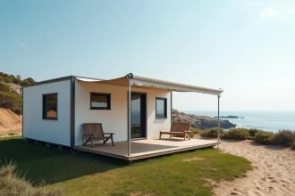 Mobil-home moderne installé sur un terrain en bord de mer avec vue sur la côte méditerranéenne