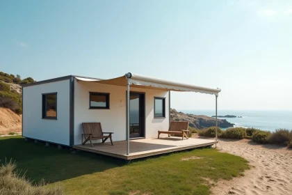 Mobil-home moderne installé sur un terrain en bord de mer avec vue sur la côte méditerranéenne