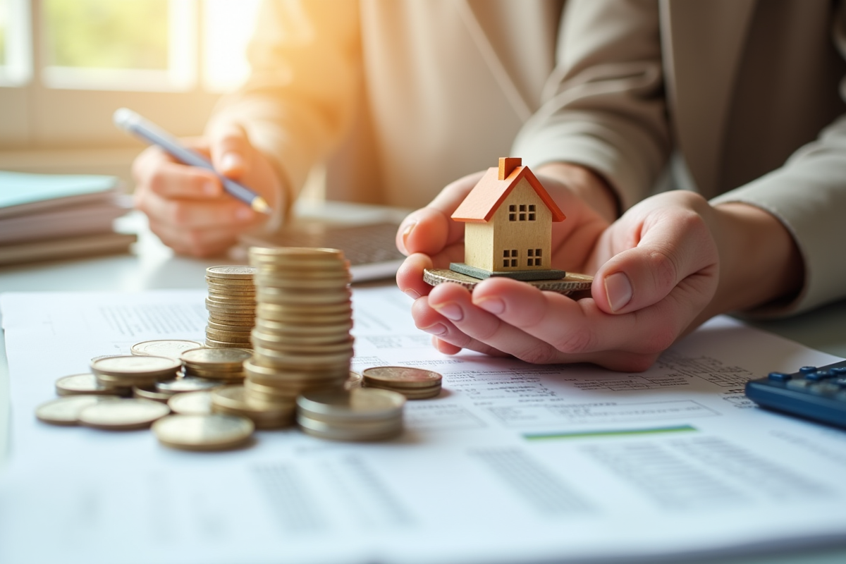 Mains tenant des maquettes de maisons et des pièces d euro sur des formulaires