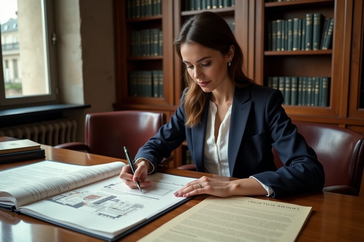 Notaire étudiant les documents de copropriété d'un appartement haussmannien dans un bureau juridique classique