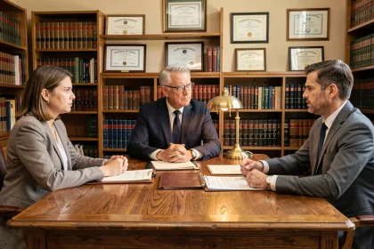 Notaire discutant d'un héritage avec deux héritiers en désaccord dans un bureau juridique officiel