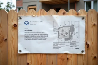 Panneau de déclaration préalable de travaux affiché sur un chantier résidentiel avec texte administratif officiel