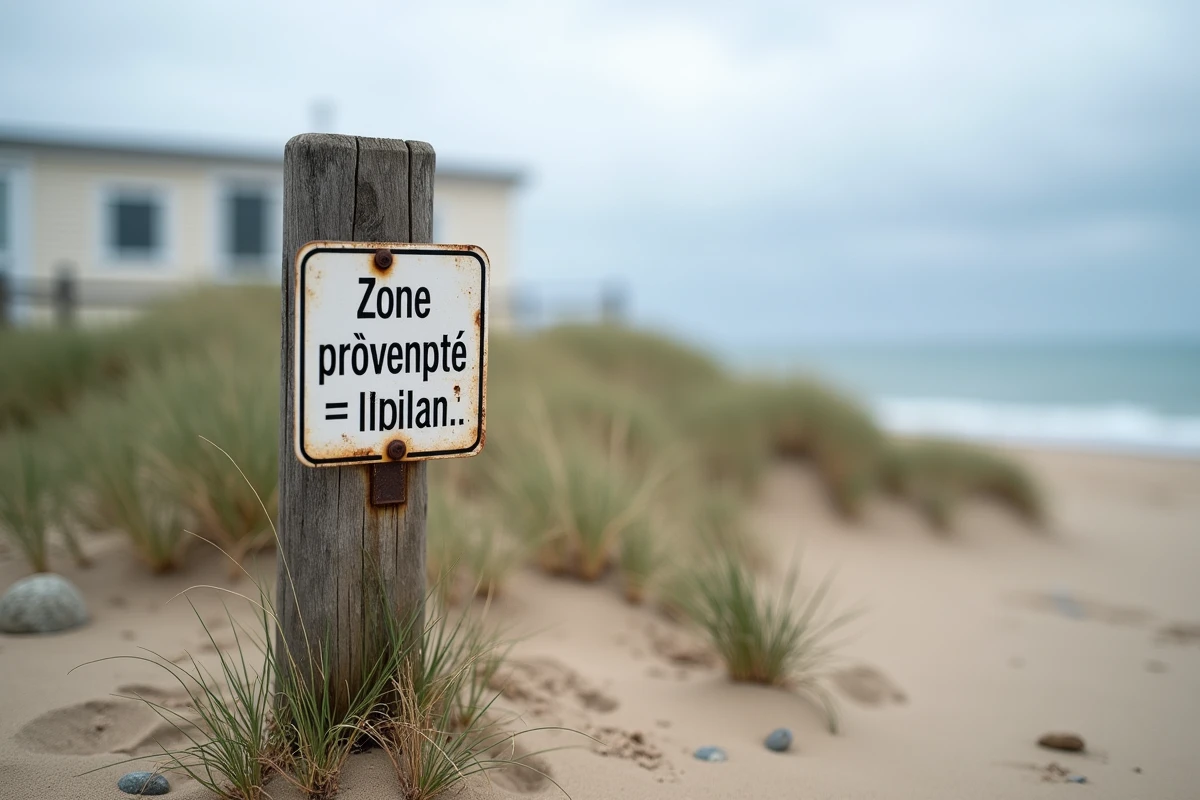 Panneau réglementaire de la loi Littoral planté sur un terrain sablonneux en zone protégée près de la mer