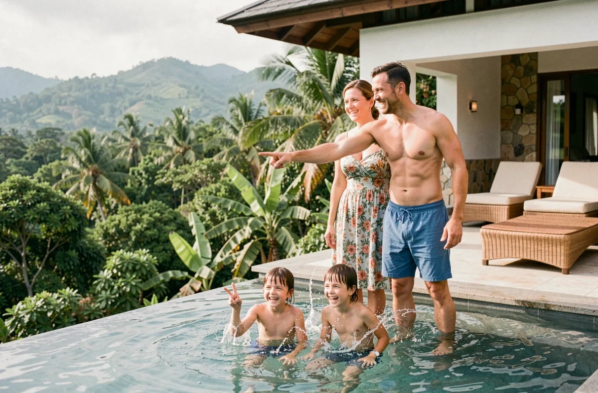Parents et enfants profitant de la piscine à débordement d'une villa familiale en Thaïlande avec vue panoramique sur la jungle
