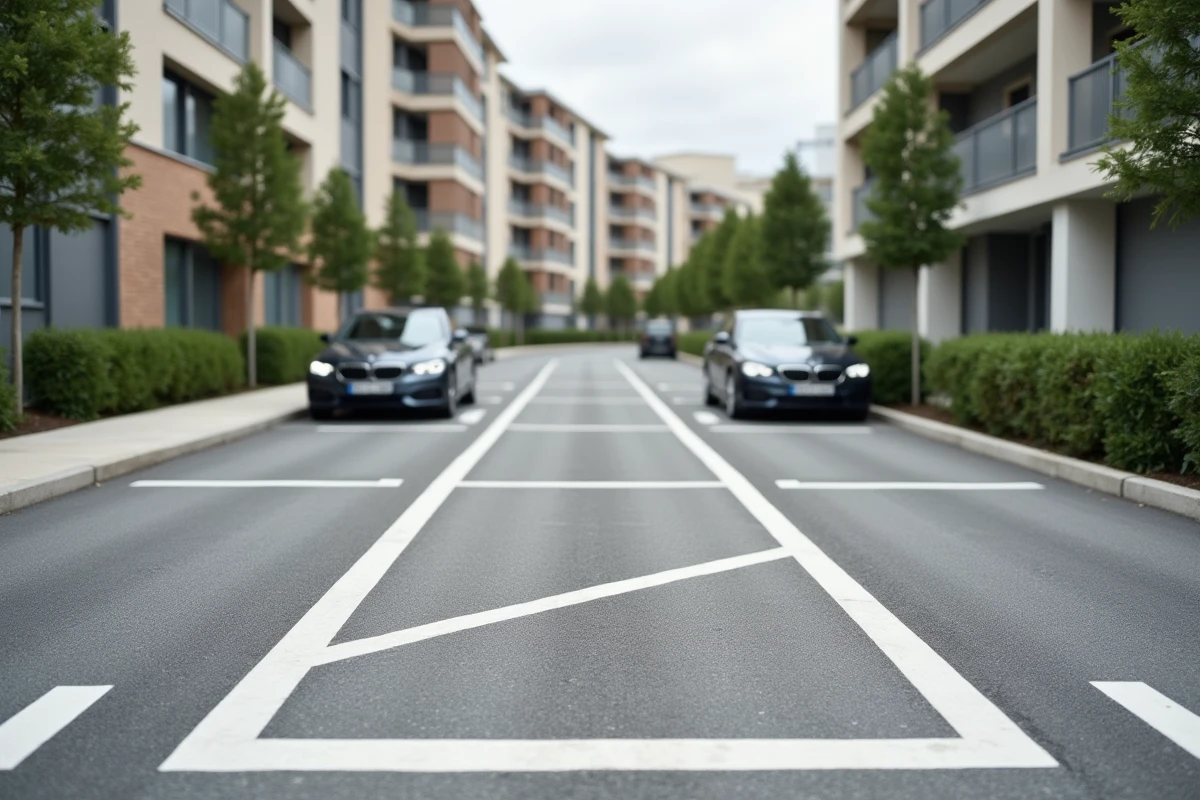Parking extérieur d'une résidence neuve avec places de stationnement aux dimensions standard marquées sur bitume