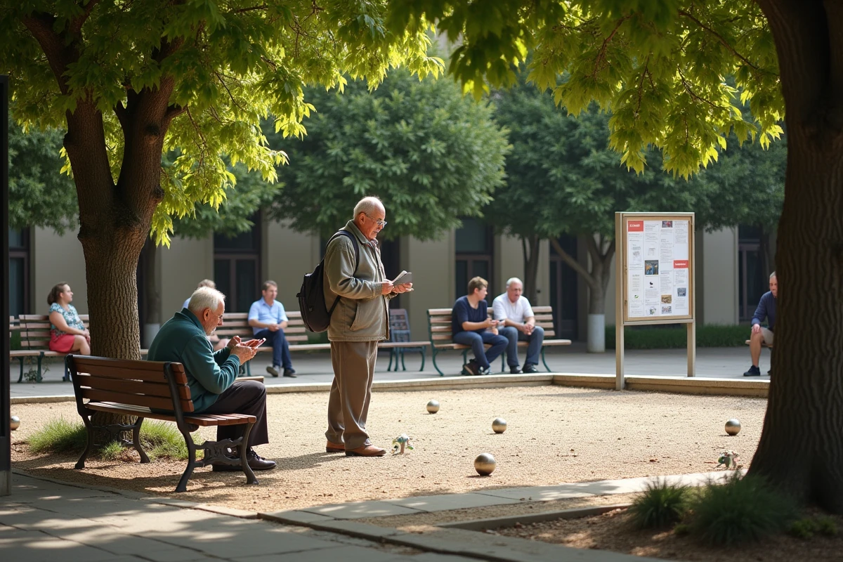 Place publique paisible avec des habitants jouant à la pétanque et se reposant sur des bancs dans un quartier de Romans-sur-Isère
