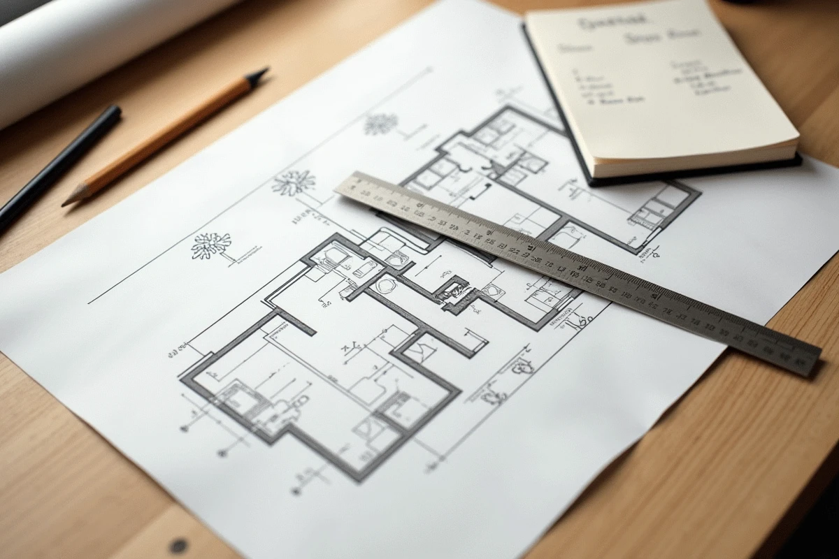 Plan d'appartement annoté avec cotations et règle en acier pour le calcul précis de la surface loi Carrez