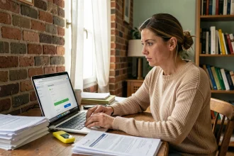 Femme consultant le portail LOC'annonces Paris sur un ordinateur portable dans un appartement parisien, entourée de documents administratifs