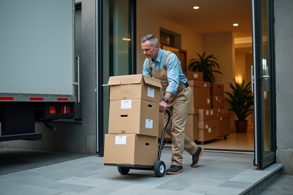 Déménageur manipulant des cartons dans un appartement moderne