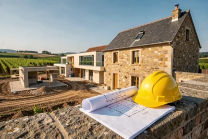 Vue panoramique d'un promoteur immobilier en Bourgogne-Franche-Comté avec bâtiment neuf et patrimoine architectural régional