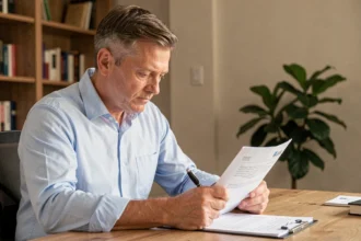 Propriétaire bailleur consultant un contrat d'assurance PNO pour son appartement en location