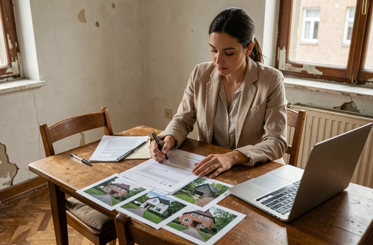 Propriétaire étudiant un constat huissier avant travaux avec des documents officiels sur une table en bois