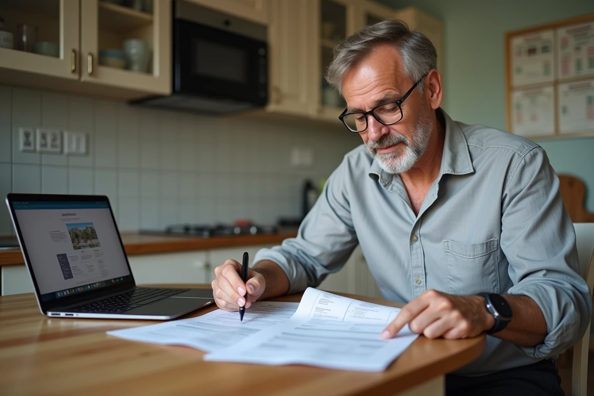 Propriétaire français consultant des documents fiscaux relatifs à la taxe sur les logements vacants à son bureau