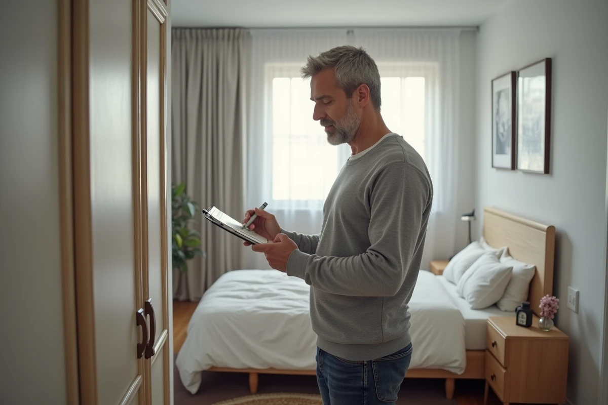 Propriétaire effectuant un état des lieux dans une chambre de location meublée avec presse-papiers et inventaire