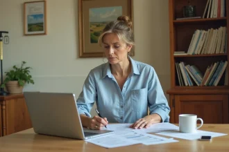 Propriétaire de gîte frustrée devant son ordinateur portable en essayant de se connecter au bureau Gîtes de France