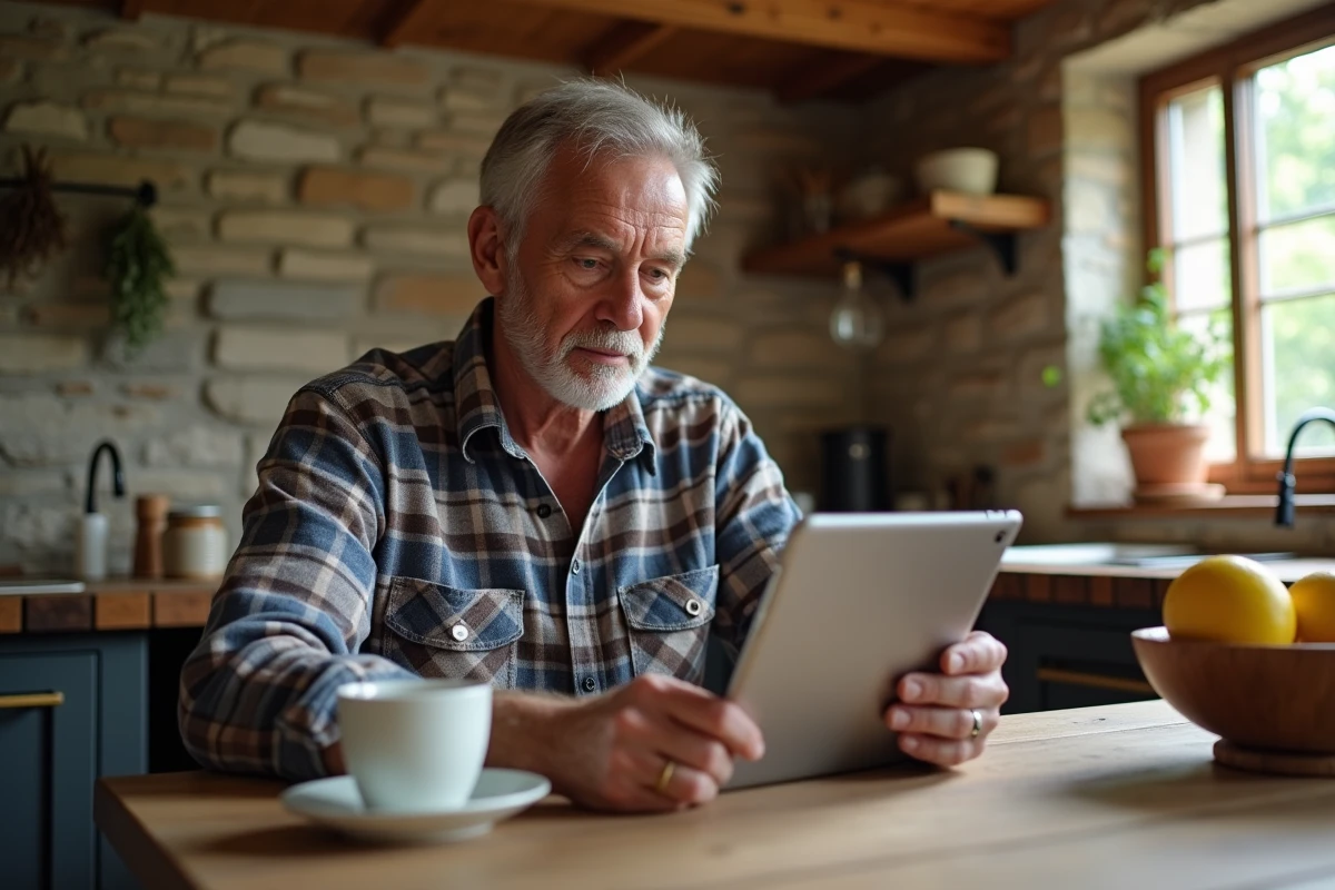 Propriétaire d'un gîte rural consultant sa tablette pour résoudre un problème d'accès au portail Gîtes de France