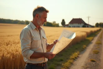 Homme examinant un plan cadastral au bord d'une parcelle agricole en milieu rural
