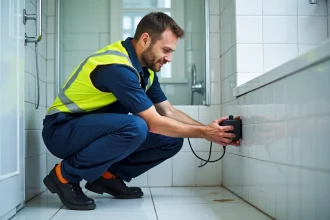 Technicien plombier effectuant une recherche de fuite par détection électronique dans une salle de bain en copropriété