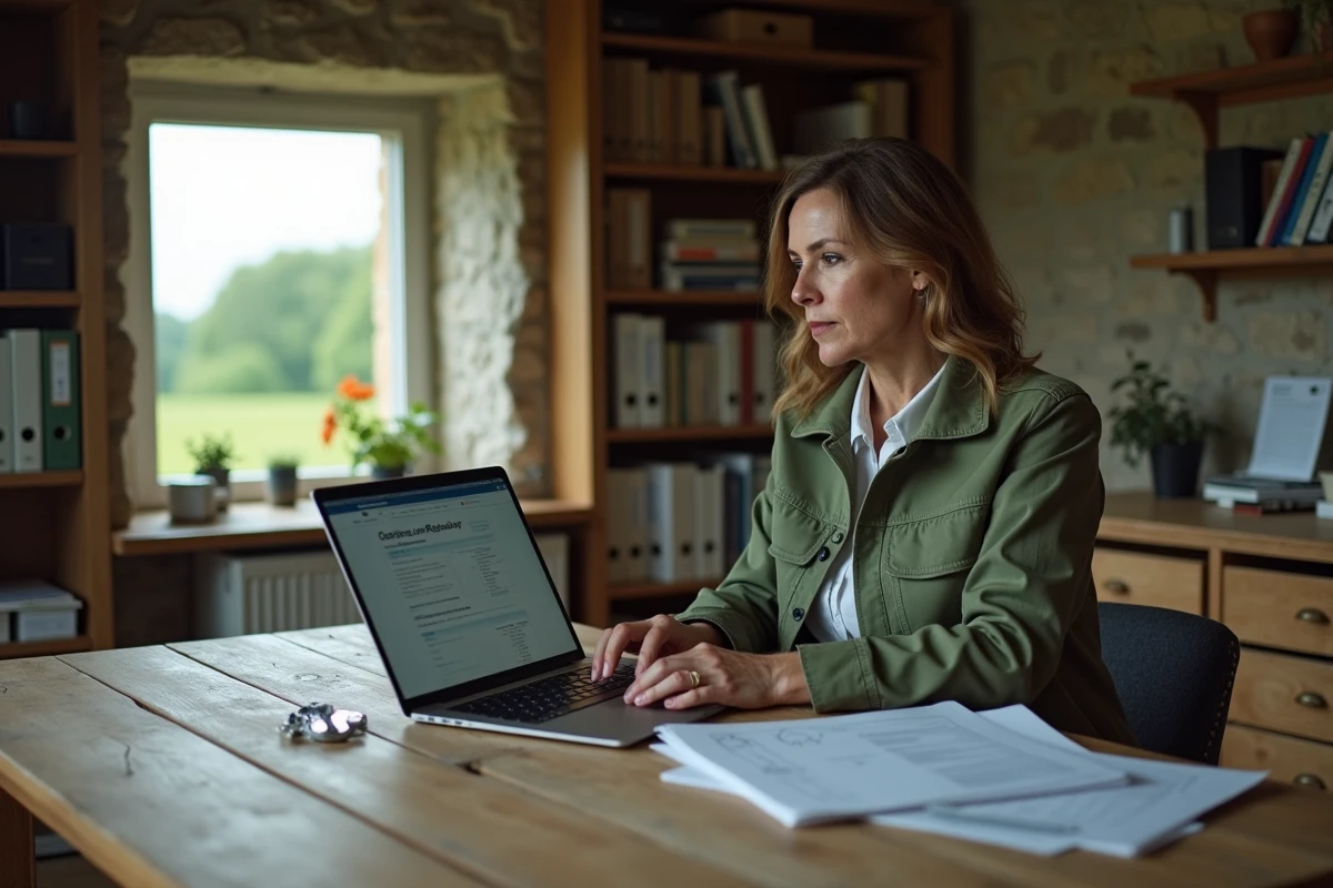Femme consultant le cadastre en ligne pour identifier le propriétaire d'une parcelle agricole