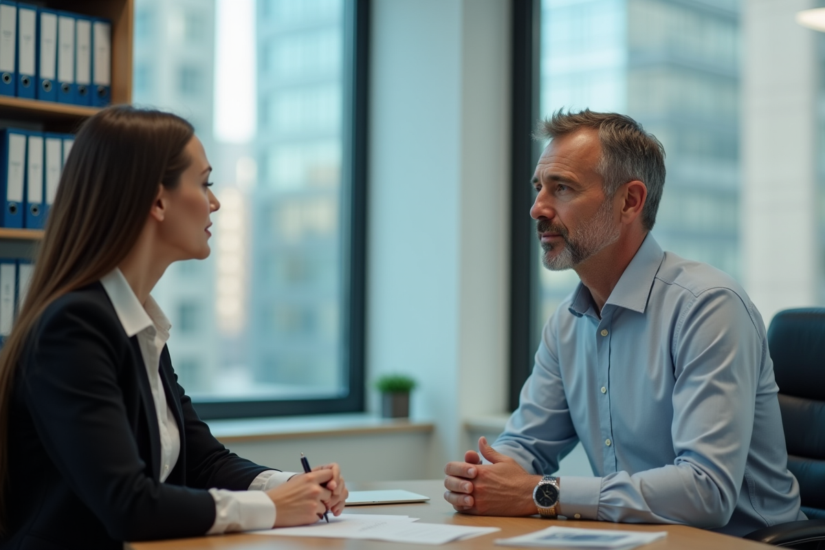 Discussion entre un agent immobilier et un client dans un bureau