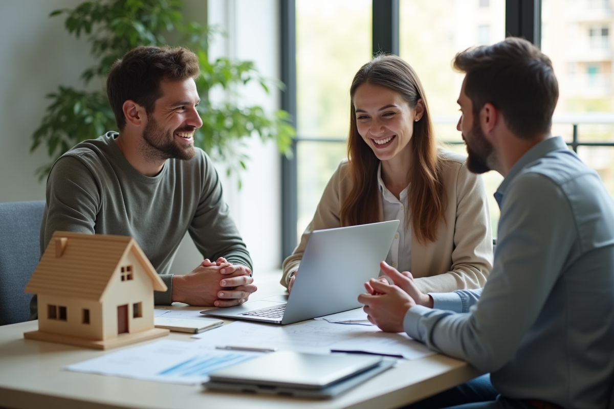 Jeune couple rencontrant un conseiller financier dans un bureau lumineux
