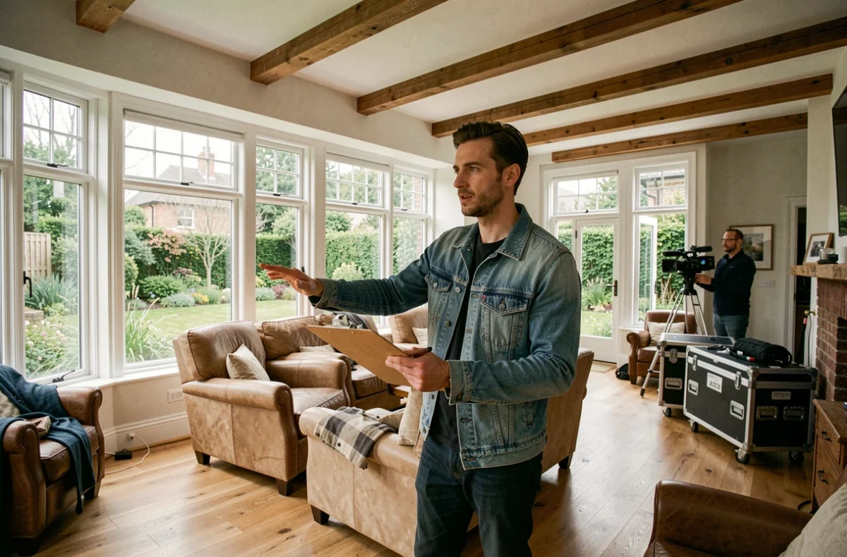 Scout de repérage évaluant une maison comme lieu de tournage pour une production cinématographique