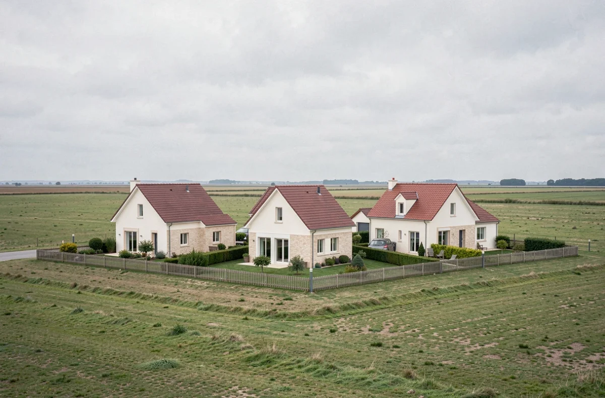 Lotissement Résidences Plaine et Marais en Vendée, rangée de maisons neuves sur terrain plat avec paysage bocager en fond