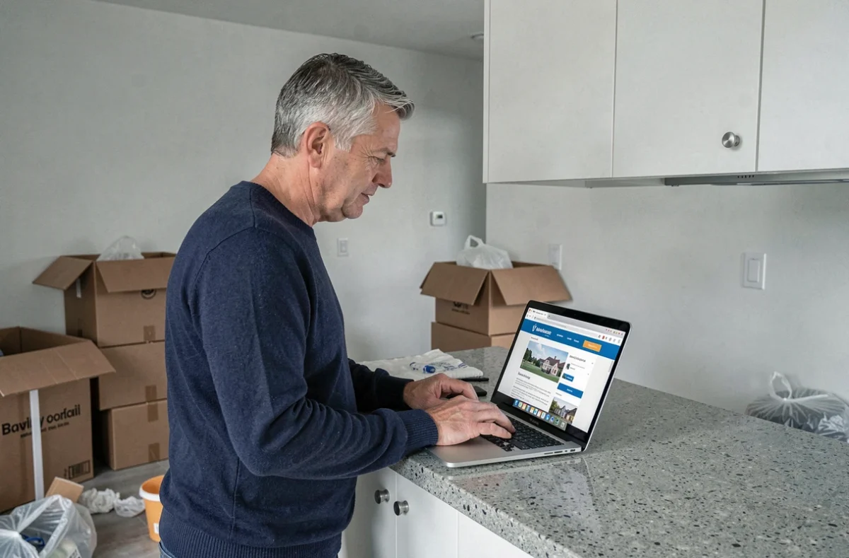 Homme résiliant son assurance habitation en ligne lors d'un déménagement