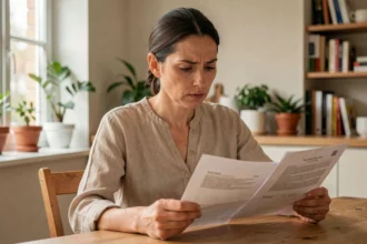 Femme lisant un contrat d'assurance habitation à résilier après un changement de situation