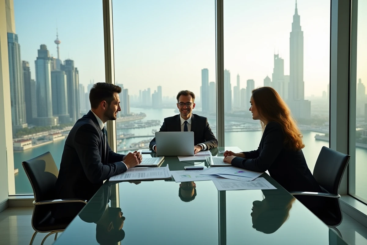Réunion d'affaires dans un espace de travail moderne avec vue sur le quartier JLT Dubai