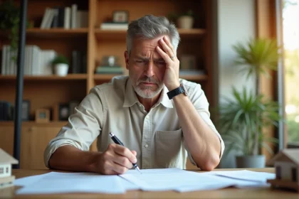 Homme inquiet examinant des documents immobiliers à Maurice sur un bureau encombré de contrats et plans de villa tropicale