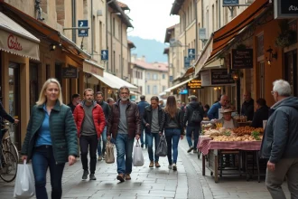 Rue commerçante animée du centre-ville de Romans-sur-Isère avec des habitants de diverses origines vaquant à leurs occupations quotidiennes