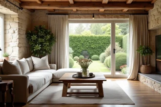 Salon d'une maison normande en pierre à vendre dans la Manche, joliment mis en scène avec canapé en lin, table basse en bois et vue sur jardin
