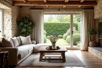 Salon d'une maison normande en pierre à vendre dans la Manche, joliment mis en scène avec canapé en lin, table basse en bois et vue sur jardin