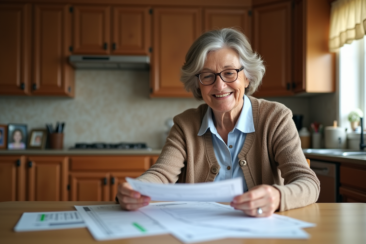 Femme senior souriante examinant ses papiers d'impots Missouri