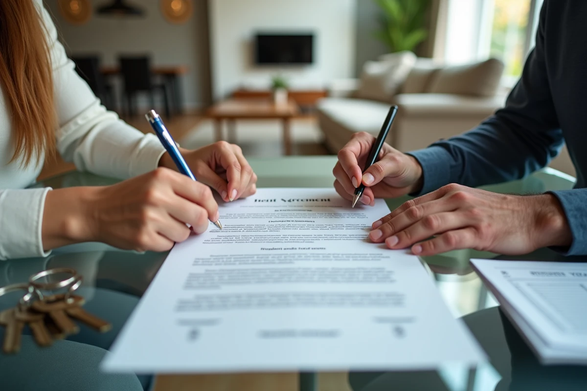 Signature d'un bail de location meublée avec inventaire et clés posés sur une table dans un appartement contemporain