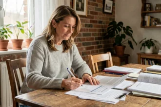 Femme signant un contrat d'assurance habitation dans un appartement à Douai