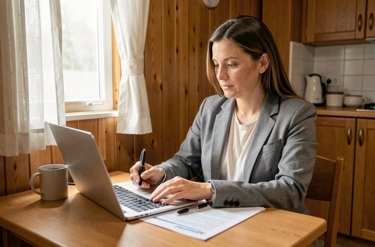 Femme signant un contrat de rachat de mobil-home sous 48 heures à l'intérieur d'un mobile home moderne
