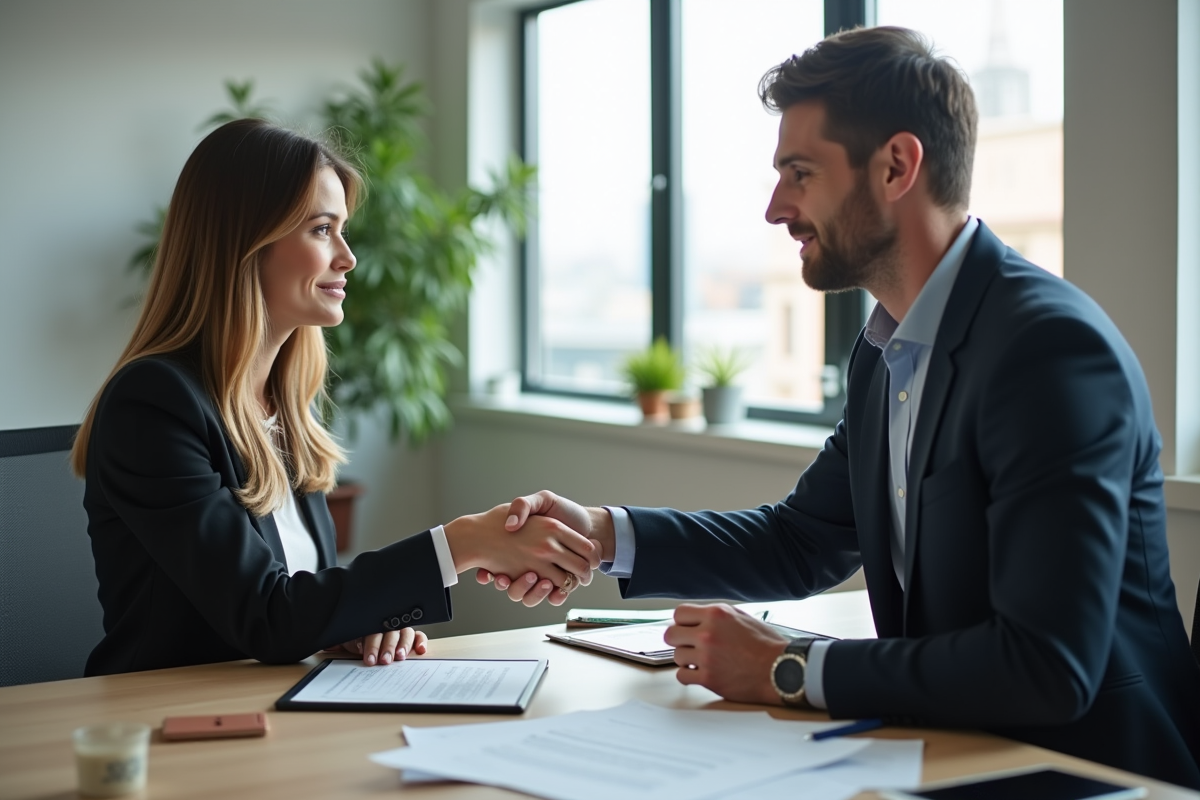 Jeune femme et agent immobilier se serrant la main dans un bureau