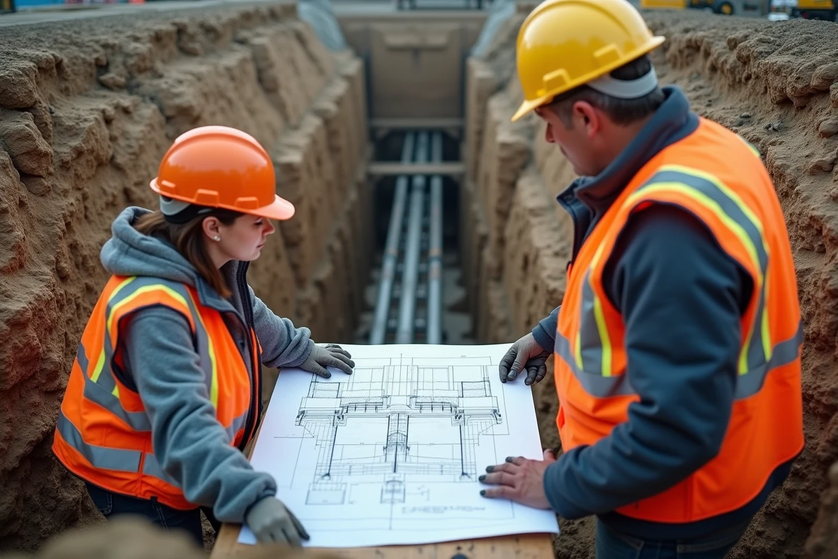 Deux spécialistes en reprise de fondation sous-œuvre consultant des plans structurels dans une tranchée d'excavation professionnelle