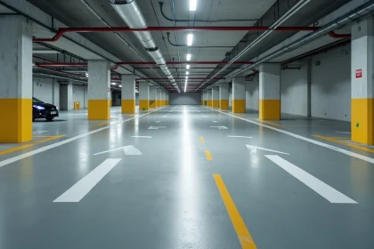 Place de parking standard dans un parking souterrain de résidence neuve avec marquages au sol et dimensions réglementaires visibles